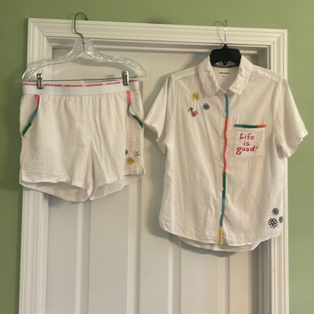 Life Is Good White Embroidered Pajama Set-Sz Large